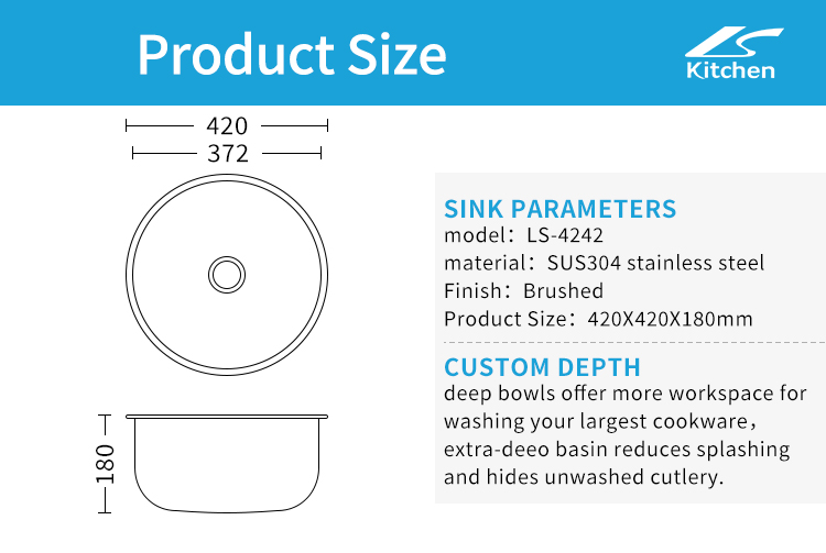 LS-4242 โรงงานจีนสมัยใหม่ undermount SS 304 อ่างชามเดียวอ่างรอบสแตนเลส undermount อ่างล้างจานพร้อมอุปกรณ์